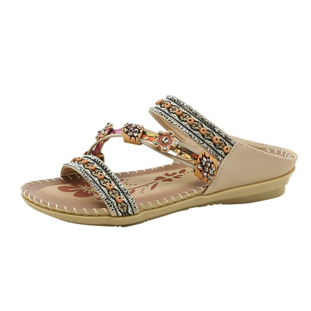 XDDST Plus Size Beige Summer Fashion Women Casual Open Toe Flat Flowers Rhinestone Comfortable Soft Bottom Breathable Slip On Shoes Sandals
