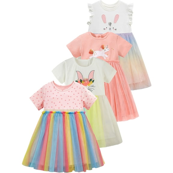 WIBACKER 2-7T Toddler Little Girl Tutu Tulle Dress with Rainbow Skirt Short Sleeve Birthday Party Sundress - 1 Piece