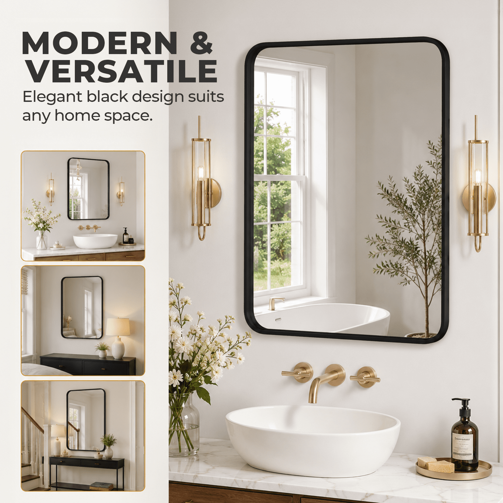 Alvantor Anti-Rust Metal Framed Rectangular Wall Mirror with Rounded Corners