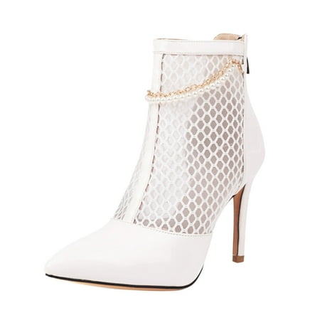 

Dyfzdhu Ladies Fashion Solid Color Leather Mesh Splice Pointed Cool Boots Back Zipper Thin High Heels Sandals