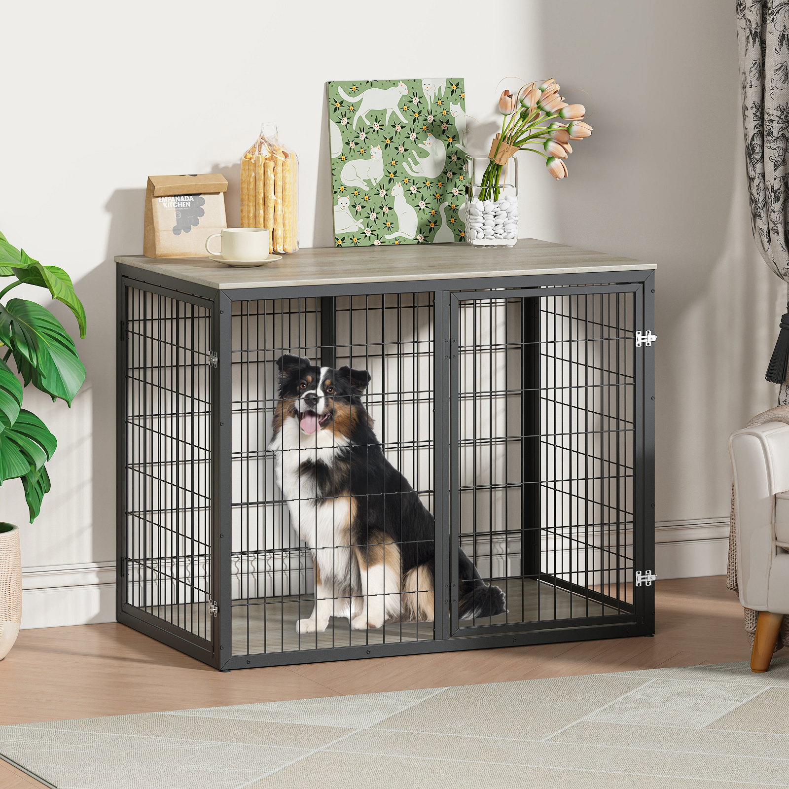 Dog Crate Furniture, Three Door Kennel, Grey Pet House with Ventilated Metal Frame and Storage Top, Large Dog Cage for Living Room, 47 Inch Grey