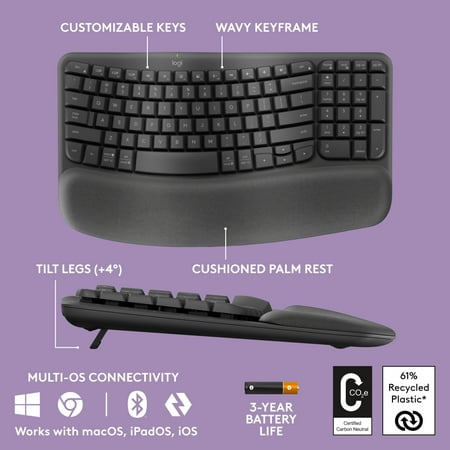 Logitech - Wave Keys MK670 Combo Ergonomic Wireless Keyboard and Mouse Bundle for Windows/Mac with Integrated Palm-rest - Graphite