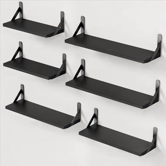Wall Shelves Set of 6, Wood Floating Shelves for Decor, Rustic Farmhouse for Bedroom, Bathroom Storage, Book Shelves for Living Room, Black