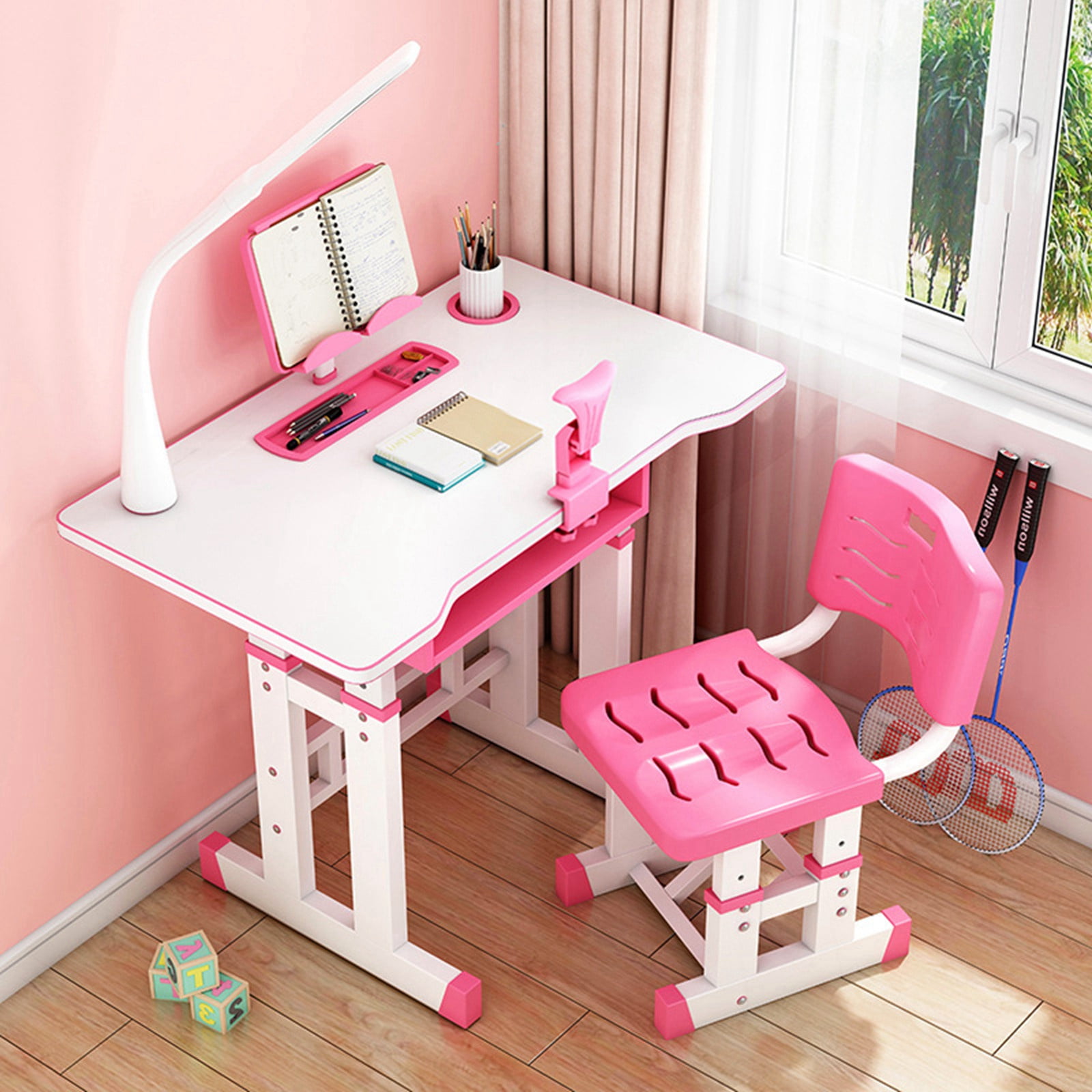 Ergonomic Children Study Table Kids Desk Chair Set with Drawer Storage Pink 
