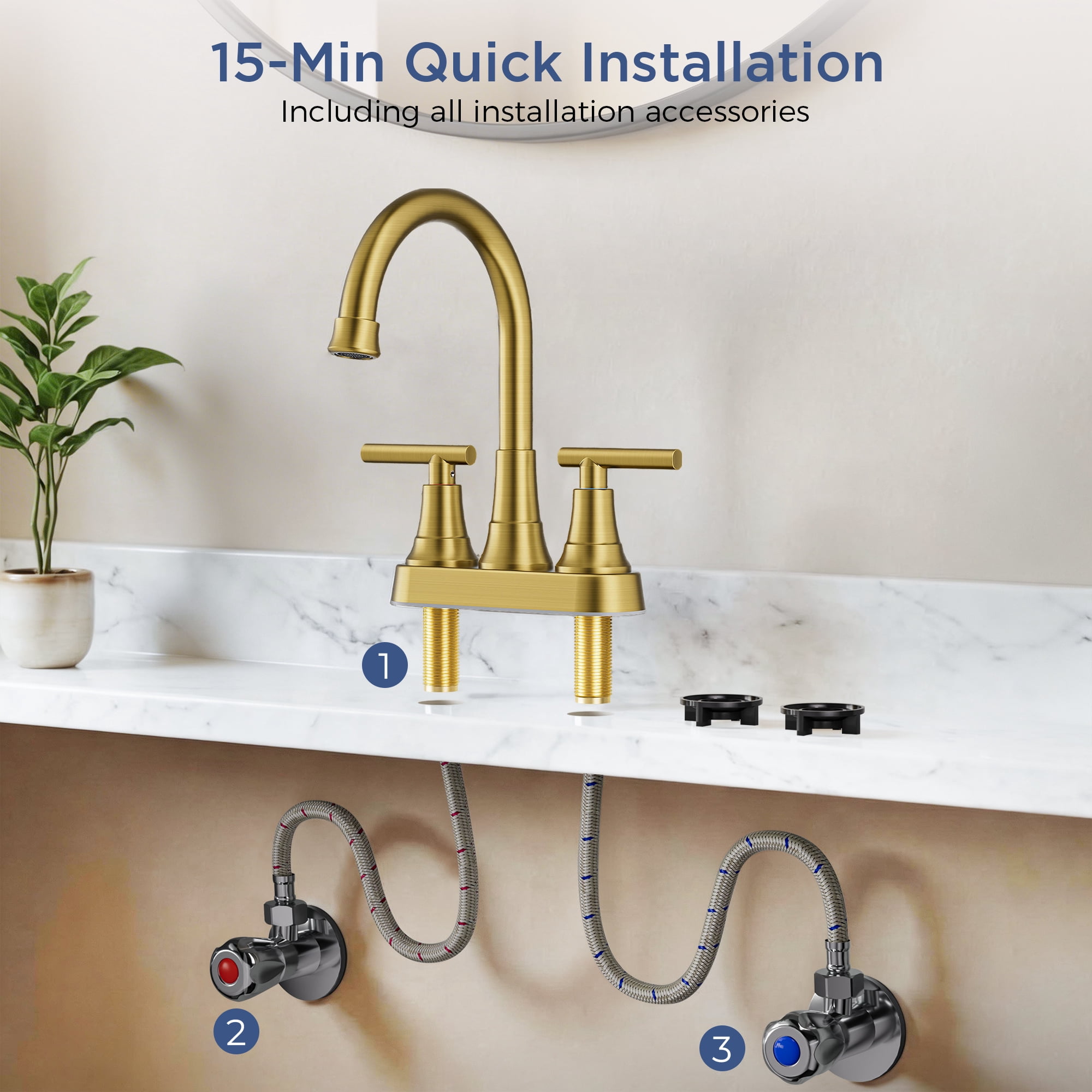 TVOFEK 4 inch Centerset Bathroom Faucet 2 or 3 Hole with Pop up Drain and cUPC Hose, 2-Handle Brushed Gold Vanity Faucets for Restroom RV Bar