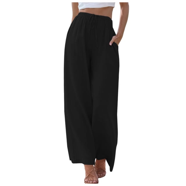 Pantalones palazzo de lino de cintura alta y pierna ancha para mujer - Pantalones de playa con cordón - Tallas S-3XL