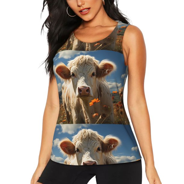 Fotbe Daisy Meadow Cow Blusas Sin Mangas para Mujer – Estilo Casual, Corte Suelto, Slim-Fit, Cuello Redondo Deportivo, Tops de Verano para Gimnasio y Yoga-X-Large