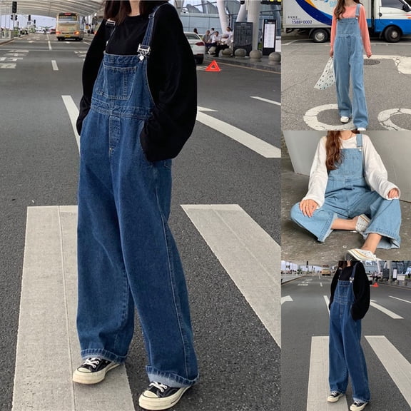 Women's Ripped Denim Bib Overalls Adjustable Straps Pockets Jean Rompers Casual Distressed Jeans Fit Jumpsuits Blue L