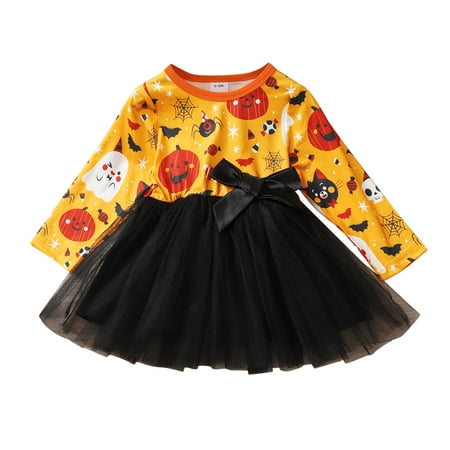 

ZMHEGW Toddler Girls Pumpkin Festival Long Sleeve Dresses Kids Cartoon Printed Tulle Princess Dress Baby Summer Autumn Clothing
