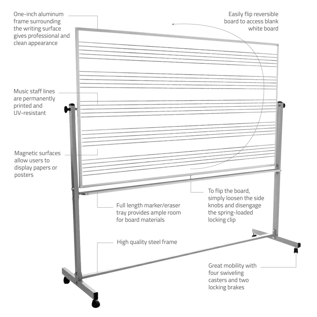 Offex Of-Mb7248Mw - 72" X 48" Double Sided Reversible Mobile Whiteboard, Music Whiteboard