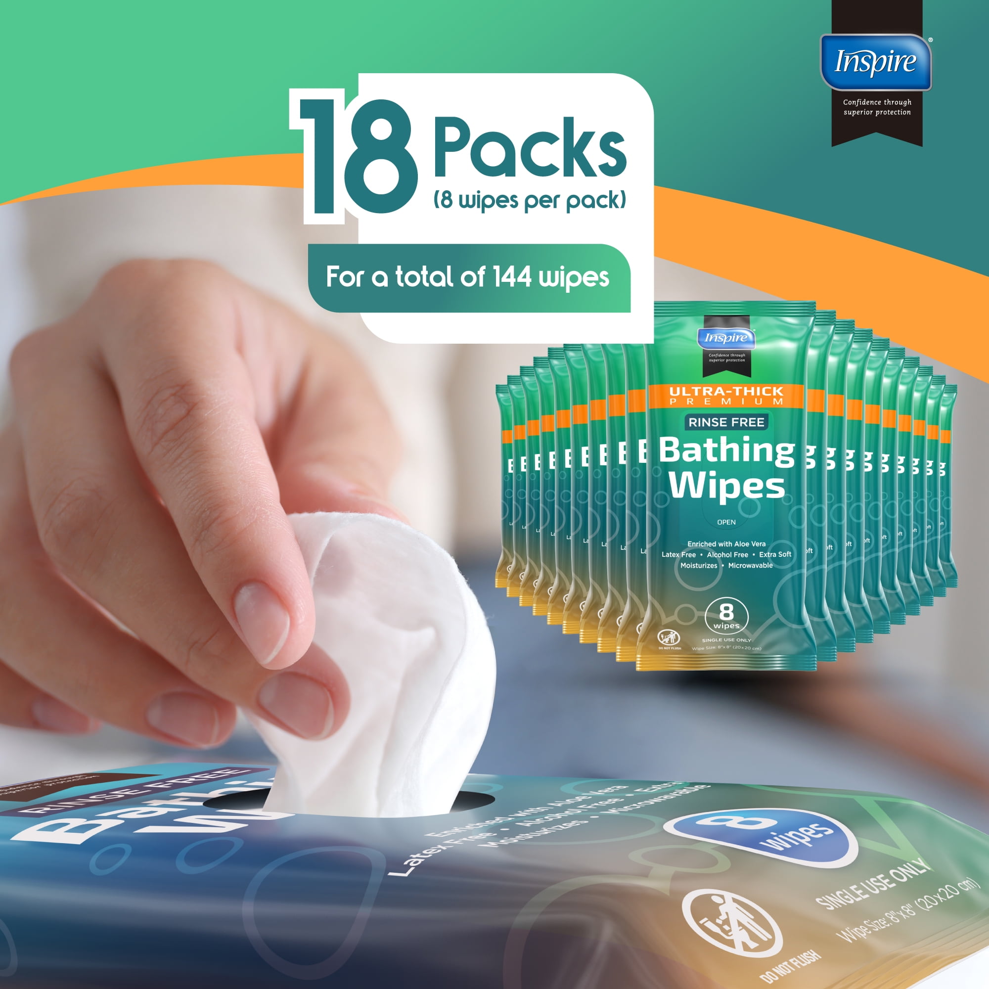 INSPIRE Thick Rinse Free Adults Bathing Wipes- Wet Wipes Thick Strong XL With Aloe, 18 Pack