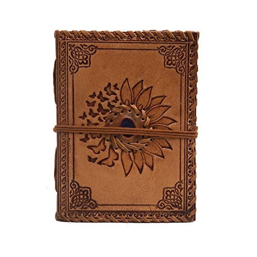 Título: Diario cuero relieve girasol y mariposa, 240 páginas, cuaderno bocetos cuero, cuaderno vintage. (70 characters)