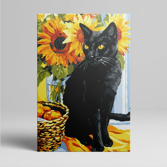 1pc Black Cat with Sunflowers and Fruit Basket Framed Decor room hanging Wall Picture Decor for Home Gifts, living room, bathroom, bedroom, kitchen wall art decor canvas wall art