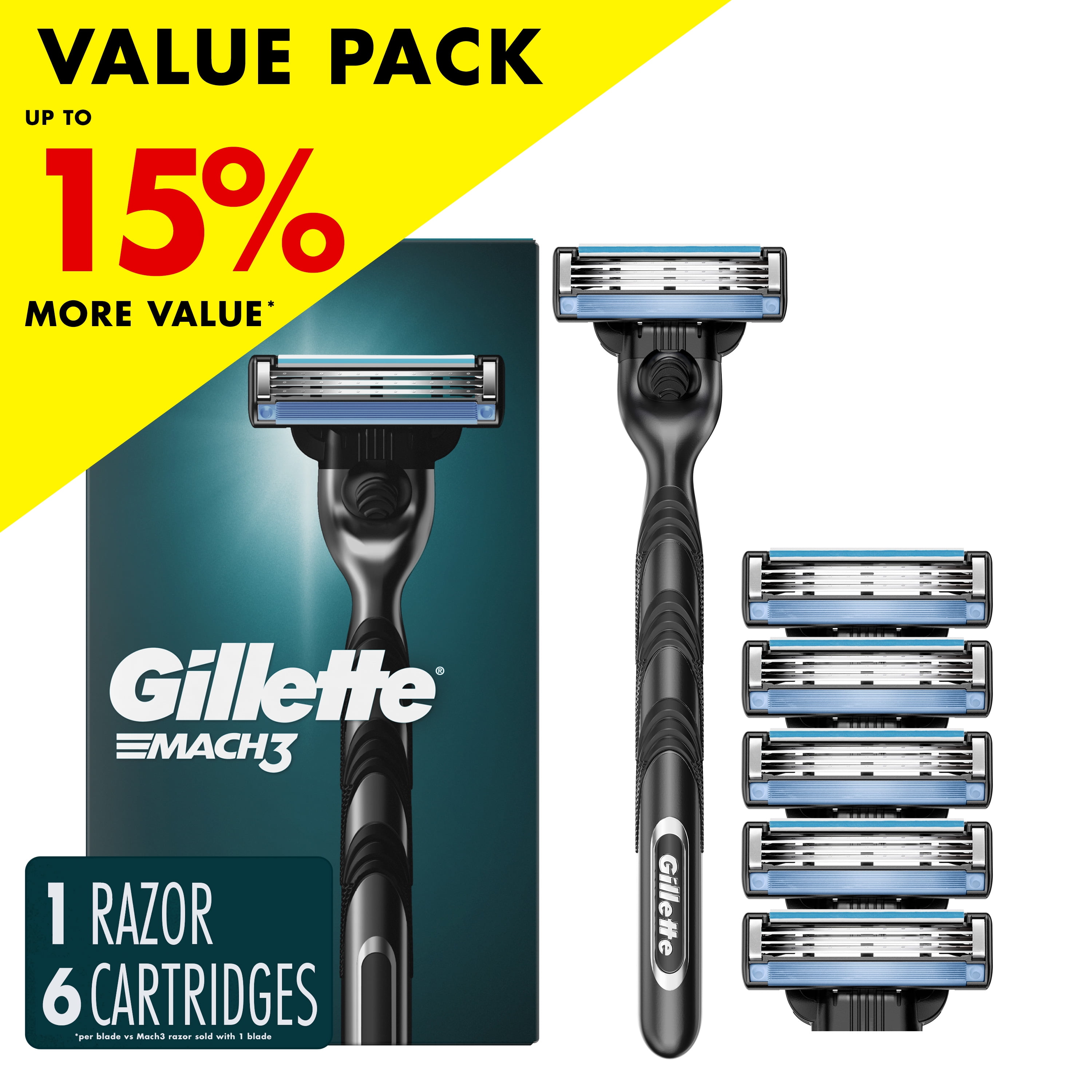Gillette Mach3 Men's Razor Value Pack, 1 Handle & 6 Razor Blade Refills