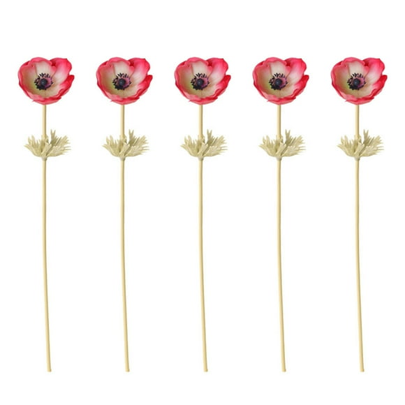 5 Pieces Artificial Anemone with Leaves Silk Appearance Flower Wedding Party Bouquet Long Stems Home Kitchen Decor Flower Rose red