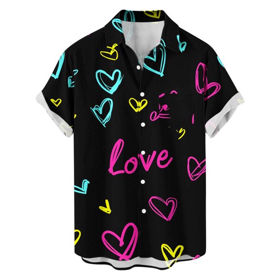 Valentines Love Heart Shirt for Men Casual Short Sleeve Holiday Outfit for Beach Vacation Date