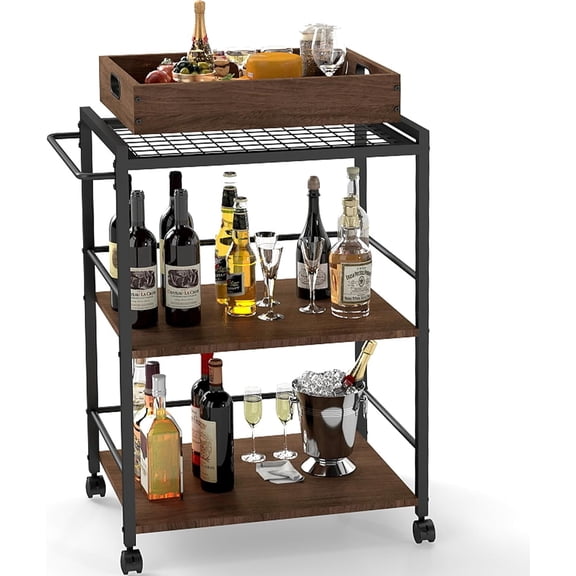 3 Tier Kitchen Cart, Rolling Bar Cart for Tea, Coffee, Liquor, and Drink Service with Removable Serving Detachable Server, Walnut
