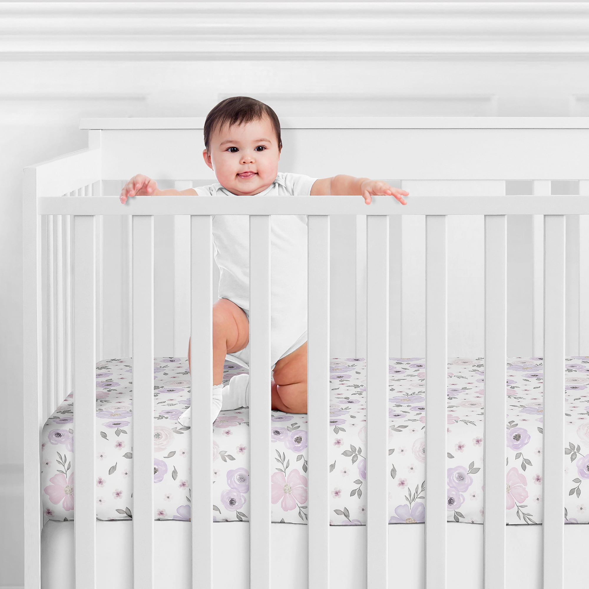 Sweet Jojo Designs Watercolor Floral Lavender Purple Pink and Grey Jersey Knit Fitted Crib Sheet