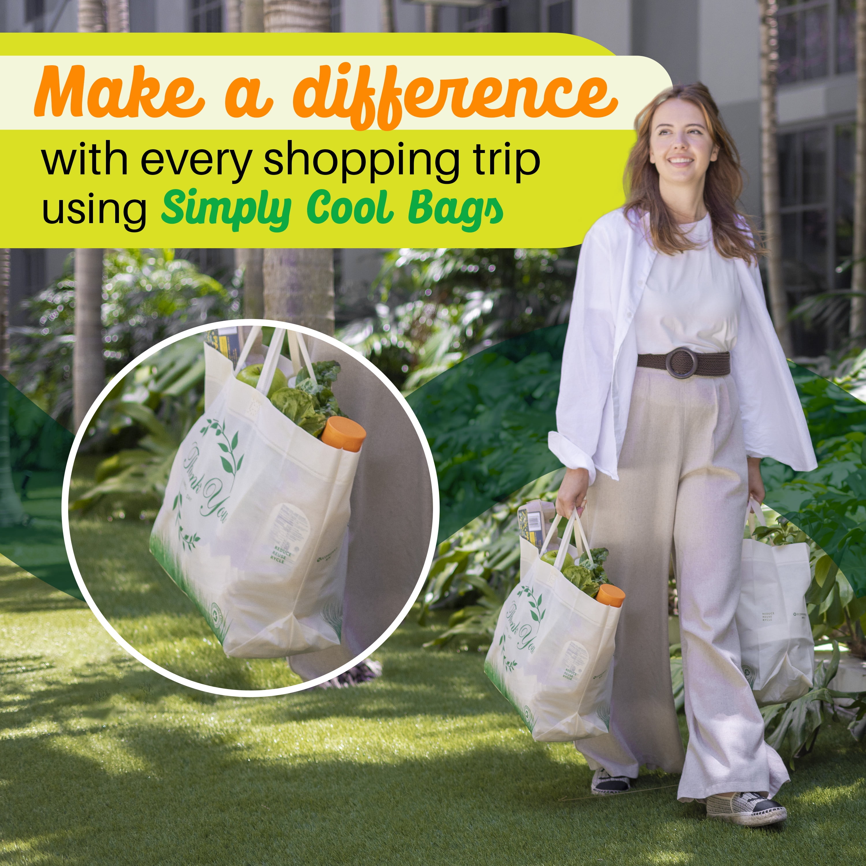 Simply Cool Reusable Bags Large Shopping Bags for Groceries Tote Bag Bulk, Printed 50-Pack