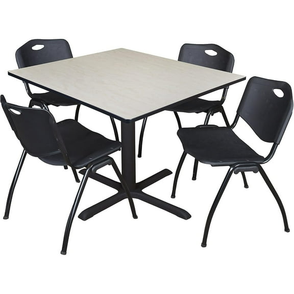 HomeStock Modern Minimalism 48" Square Breakroom Table- Maple & 4 'M' Stack Chairs- Black, Ideal for Cafeterias, Dining, and Office Spaces