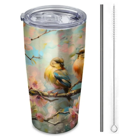 

Two birds perched on branch and surrounded by pink flowers Insulated Travel Tumbler 20 oz Car Cup with Reusable Straw & Brush Hot & Cold Beverage Cup for Office/Outdoor