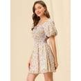thumbnail image 4 of Unique Bargains Robe Courte à Manches Bouffantes et Taille Smockée à Col Carré Imprimé Floral pour Femmes, 4 of 6