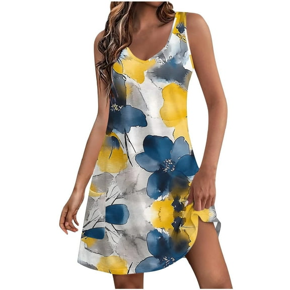 Ruimatai Women's Summer Floral Dress Sleeveless V-Neck Sundress with Pockets Casual Loose Fit Comfortable Polyester Spandex Beach Dress