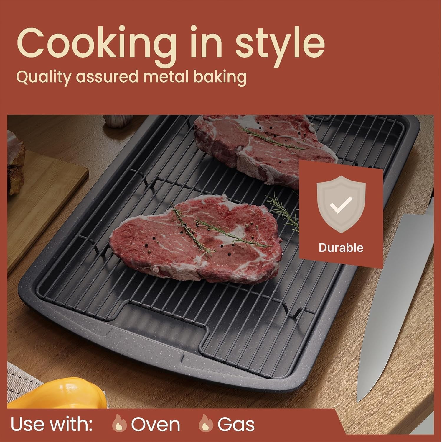 Bakken Cookie Sheet with Wire Rack Set, 2-Piece Nonstick Carbon Steel Pan 17.4" & Cooling Rack 14.7", Stackable Set, Oven Safe 450°F, Gray Marble