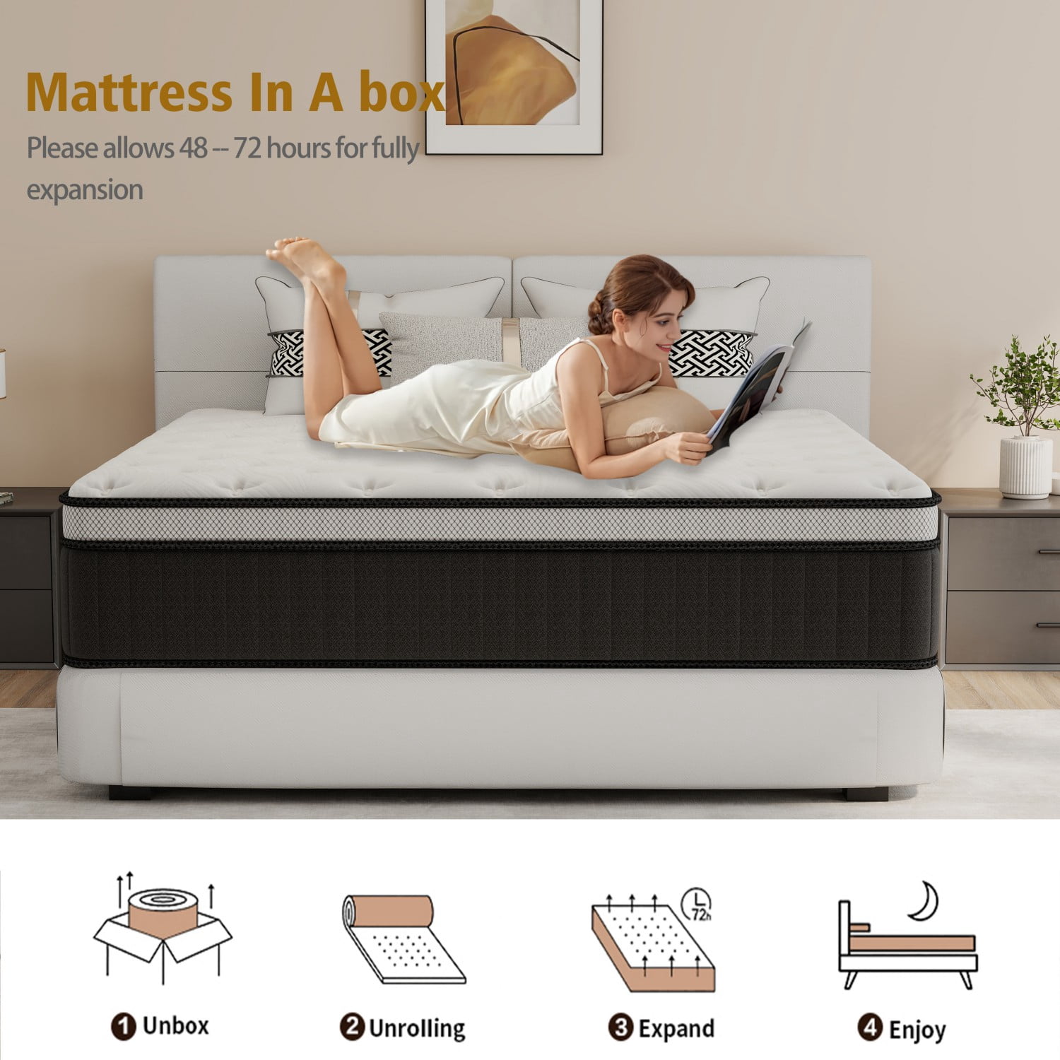 Feymoka 14 Inch Cooling Gel Hybrid Mattress King, Bamboo Charcoal Cover, Breathable Memory Foam with Pocket Springs, Medium Plush Feel