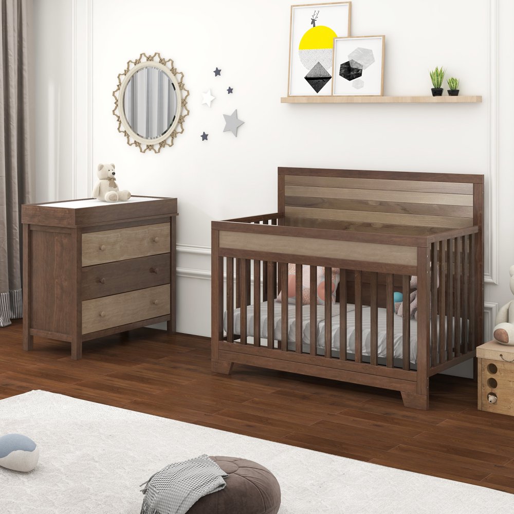 Gzxs 3 Pieces Nursery Bedroom Sets, Wooden Baby Crib + Changer Dresser