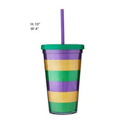 Mardi Gras Purple, Green & Gold Plastic Tumbler with Lid & Straw, 16 oz, by Way To Celebrate