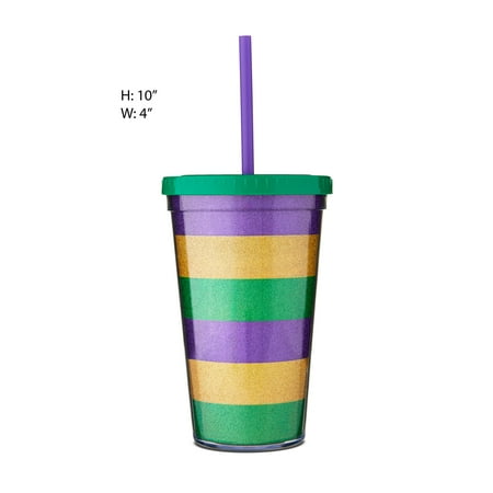 Mardi Gras Purple, Green & Gold Plastic Tumbler with Lid & Straw, 16 oz, by Way To Celebrate