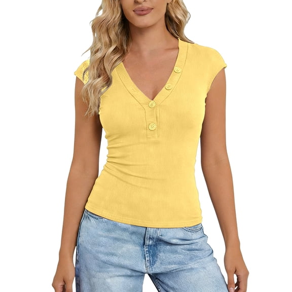 Arlun Womens Short Sleeve Tops Button up V-Neck Henley Solid Color Stretch Tight T Shirts Slim Fit Casual Summer Tops Basic Tee Shirts Yellow S