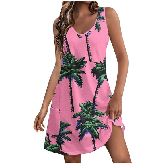 Dvprdro Womens Summer Tank Dress Fashion Floral Printed V Neck Sleeveless Flowy A Line Casual Loose Beach Sun Mini Dress with Pockets