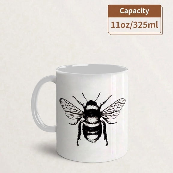 1pc 11oz Ceramic Mug, Vintage Bee Illustration Print, Water/coffee/tea mug, Suitable for Hot and Cold Drinks, Perfect for office,Home,Holidays, mugs for gifts