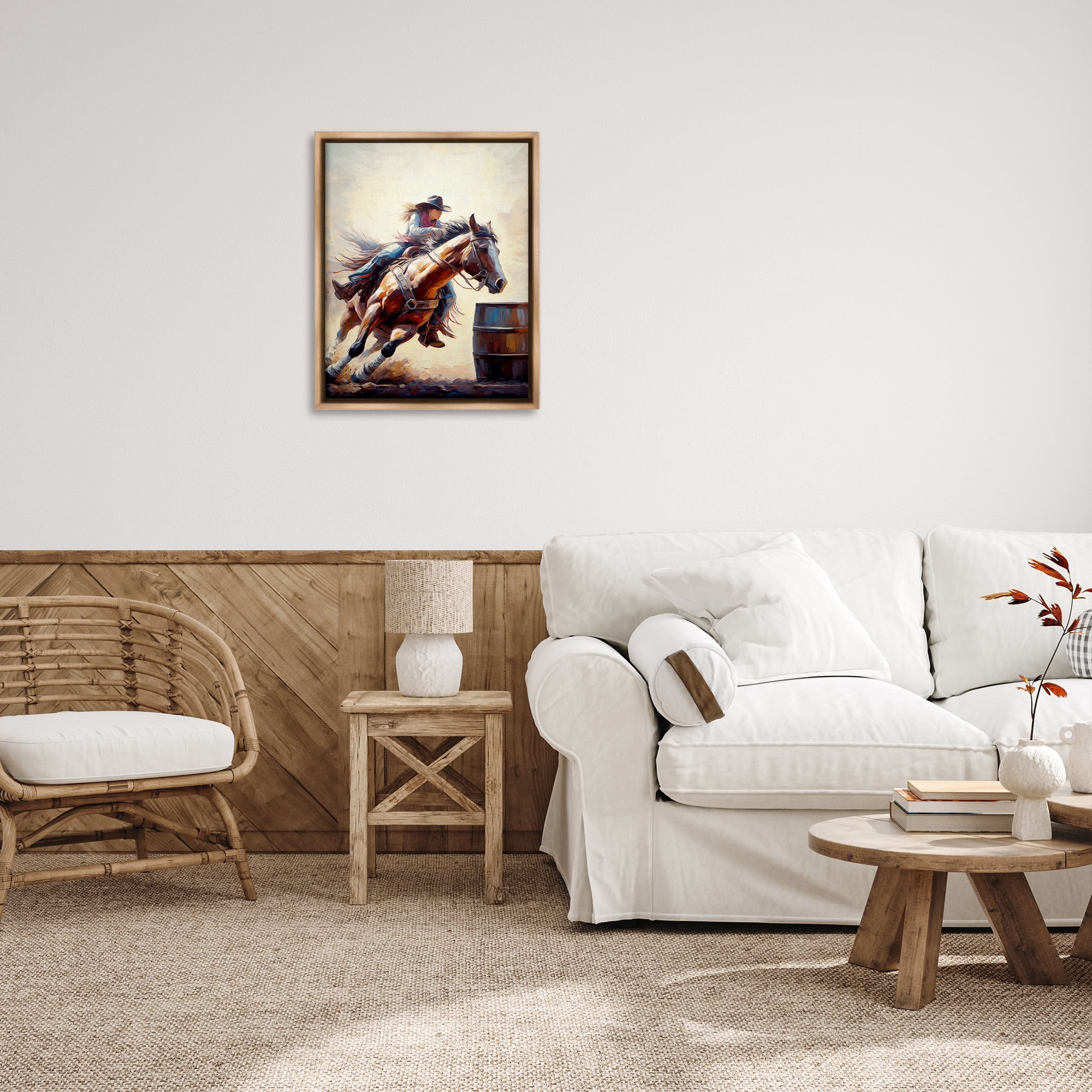 Stupell Industries Galloping Jockey Girl Animals & Insects Painting Brown Floater Framed Canvas Art Print Wall Art, 25 x 31