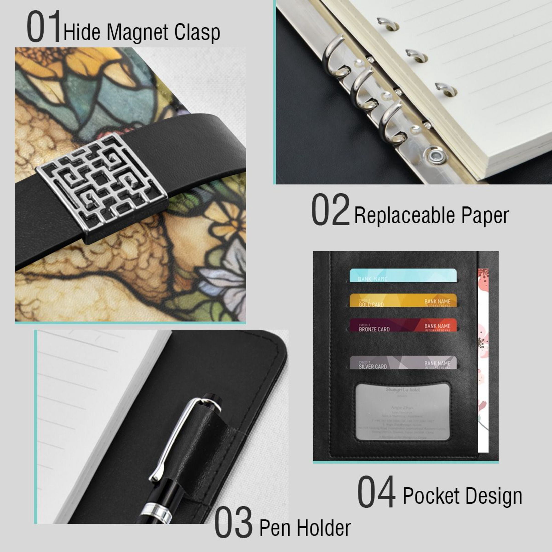 Leather Planner Leather Notebook Notebook Journal Binder Design Pen Pocket Design Convenient for Storage Stained Glass Lamb