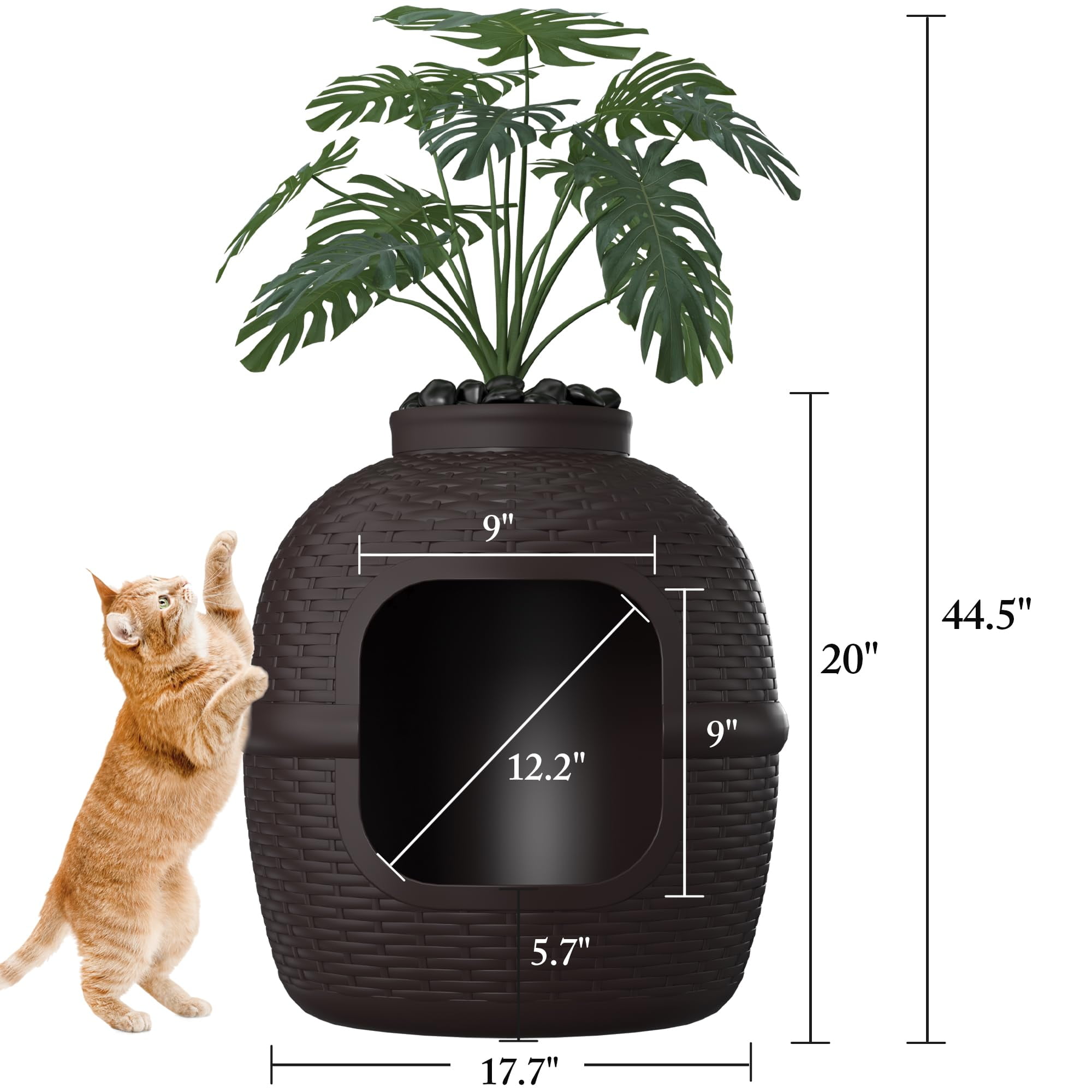 Hidden Litter Box with Faux Plant, Cat Litter Box Furniture with Rattan Pattern for Large Cat, Carbon Filter, Easy Assemble & Clean, Brown