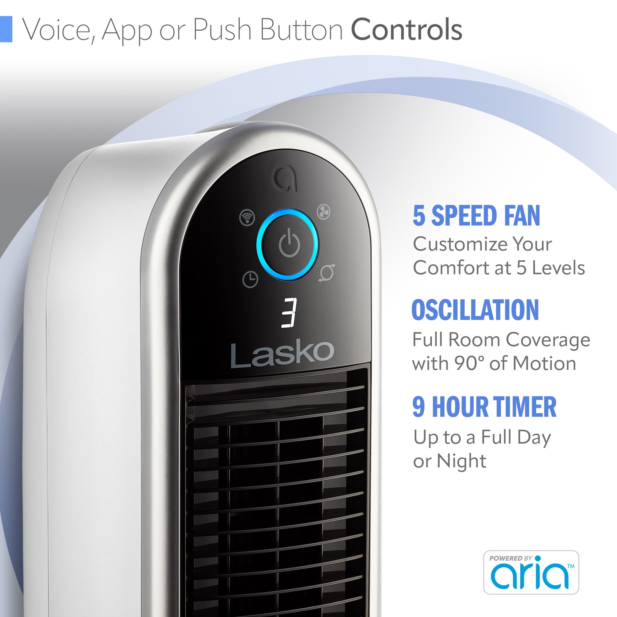 Lasko 40" 5-Speed Smart Tower Fan Powered by Aria, Wi-Fi Connected, Alexa, Google, White, T40735