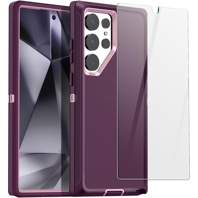 WWS-for Samsung Galaxy S24 Ultra Case, Rugged with Screen Protector Heavy Duty 3 Layer Protective Case Shockproof Drop Military Tough Cell Phone Cover for Samsung S24 Ultra 5G, Night Purple