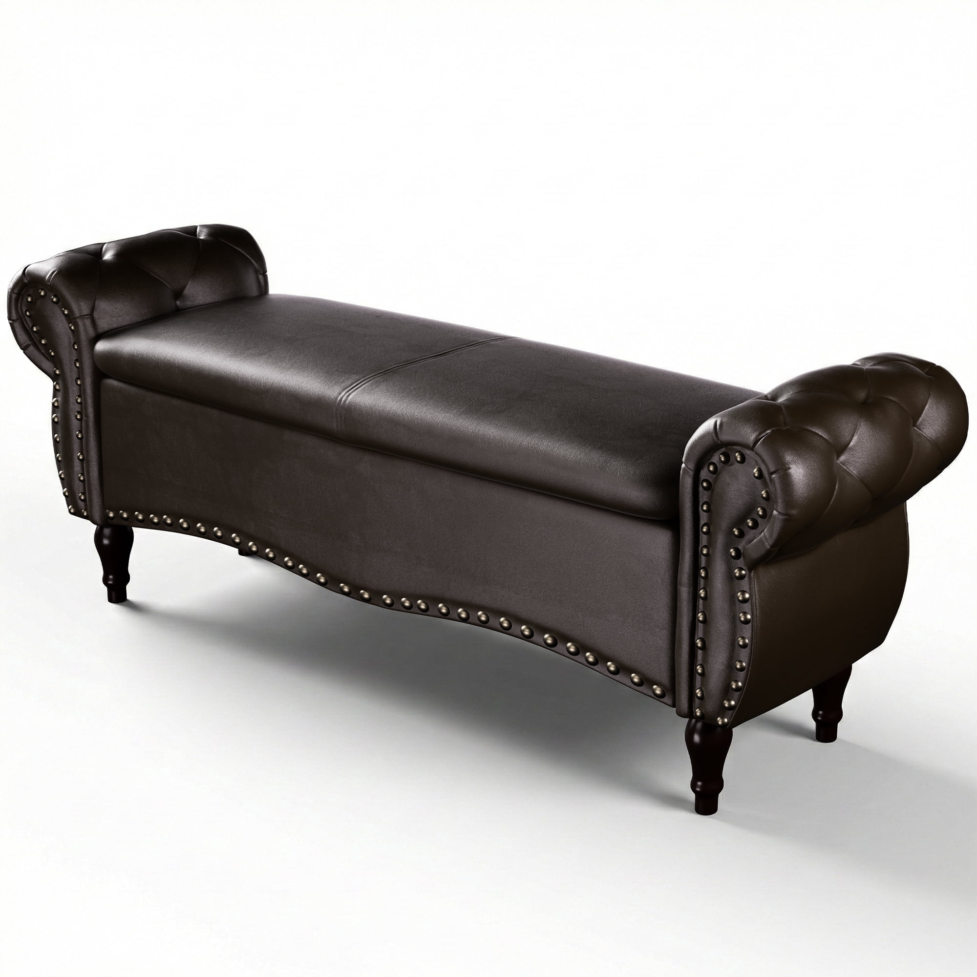 YIKEMA Upholstered PU Leather Rectangle Storage Ottoman Bench with Nailhead Trim, 51.5", Dark Brown