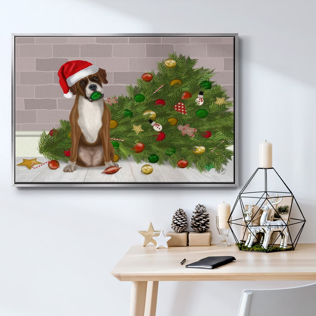 Christmas Boxer and Broken Christmas Tree - Framed Gallery Wrapped Holiday Canvas - 17 x 25 - Silver Frame