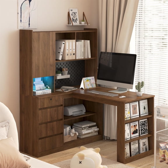 Spaco 62" L Shaped Computer Desk with Drawers, Bookshelf and LED Light, Modern Corner Desk, Study Table with Storage for Home Office, Brown