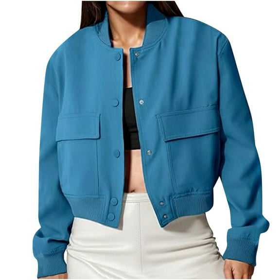 Women's Bomber Jackets Lightweight Fall Long Sleeve Cropped Button Down Casual Coat with Pockets Outerwear (Blue S)