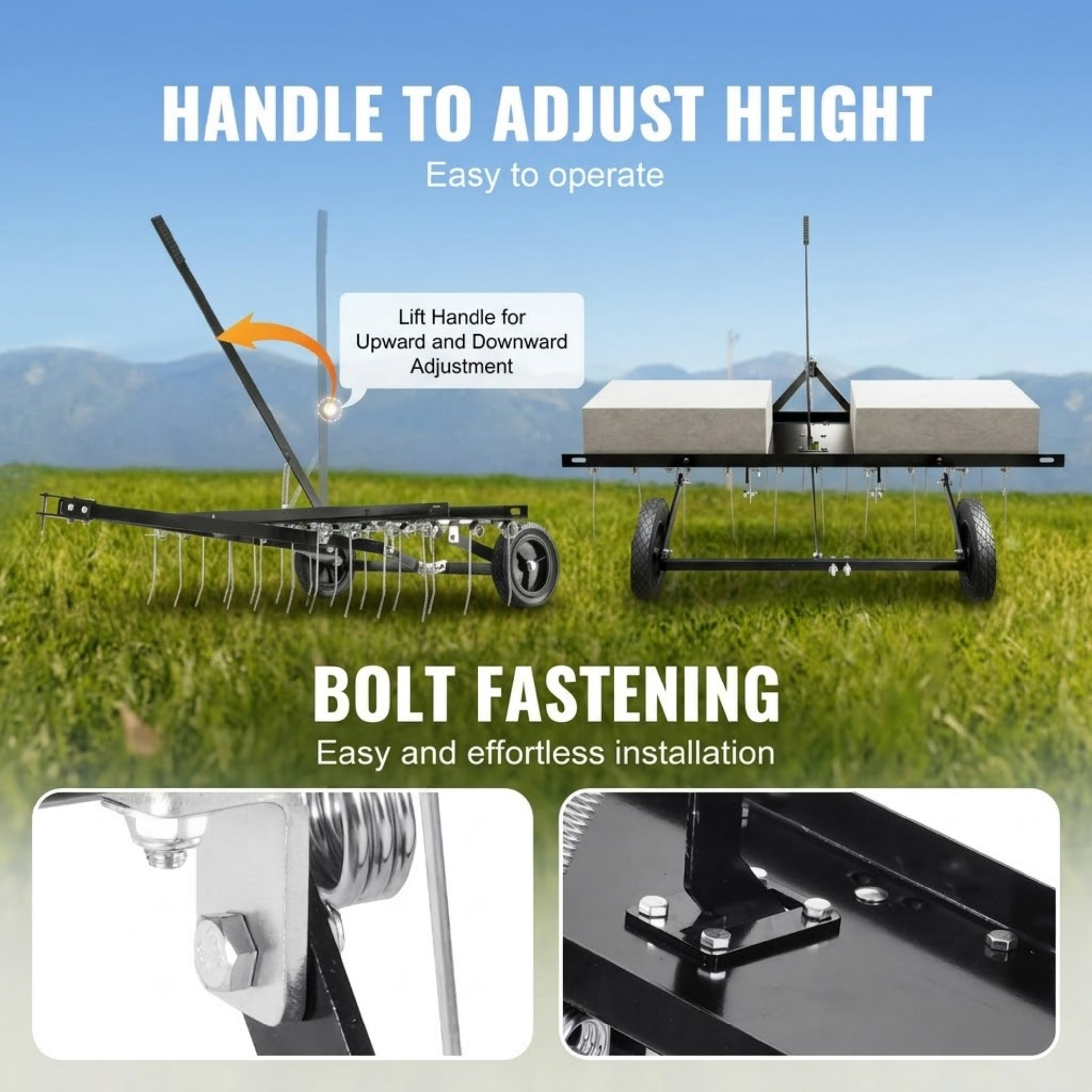 40" Tow-Behind Lawn Dethatcher, 20 Spring Steel Tines Rake with Lift Handle for ATV and Mower