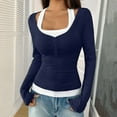 thumbnail image 2 of FRSASU Women's Long Sleeve Shirts Fake Two-Piece Camisole Button Slim Fitted T Shirts Fashion Going Out Tops Navy, 2 of 6