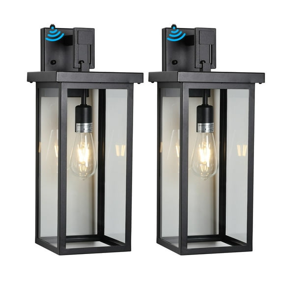 20" Set of 2 Modern Outdoor Wall Lanterns with Black Metal Frame and Clear Glass, Ambient Light Sensors,Weatherproof Wall Sconces for Porch, Garage, or Entryway Lighting, E26 Bulb Compatible