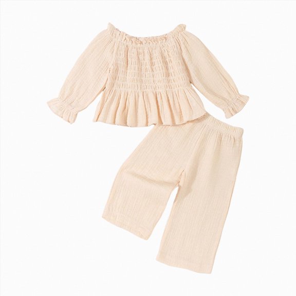 CAICJ98 Baby Girl Outfits Crocheted Ruffled Toddler Girls Fall Winter Outfits Floral Long Sleeve Shirt Pants Set 3 6 12 18 24 Months 2T 3T 4T Baby Clothes Girl (Beige,9-12 Months)