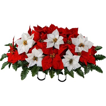 Christmas Cemetery Flowers – Red Poinsettia & Berry Bouquet With Ground Vase, 2 Butterflies