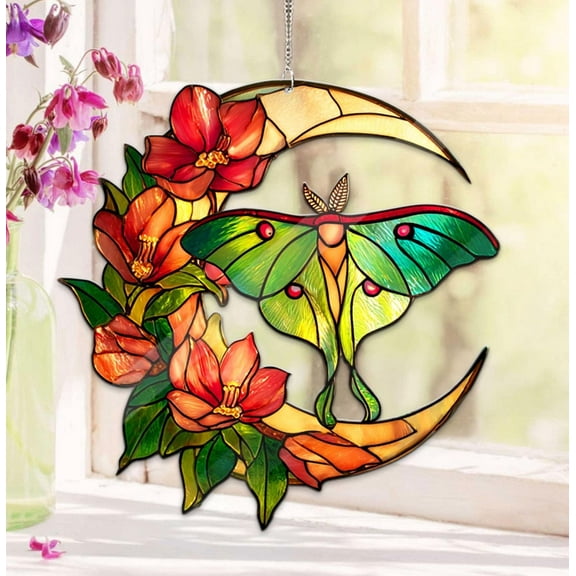 Crescent Moon & Luna Moth Acrylic Suncatcher ? Green Luna Moth Window Hanging, Nature Lover Art Gift